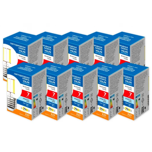 LED-G45-7W/4000K/E27/CL/SLF Набор из 10штук Лампа светодиодная Volpe Optima Филамент LED-G45-7W/4000K/E27/CL/SLF Набор из 10штук шар прозрачная белый свет 4000K