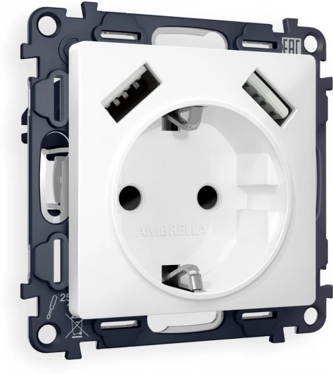 MA129010 Комплект механизма Ambrella Volt электрической розетки ALFA MA129010 Белый матовый 2USB A+A 18W быстрая зарядка с заземлением со шторками 2P+E 16A-250V QUANT