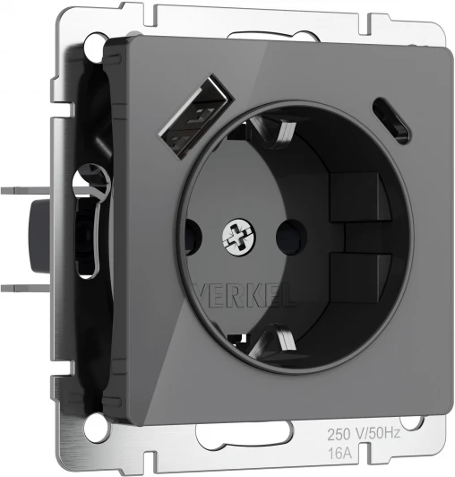 W1171744 Розетка с заземлением,шторками и USB Type A+С (графит акрил) Werkel W1171744 (a064093)