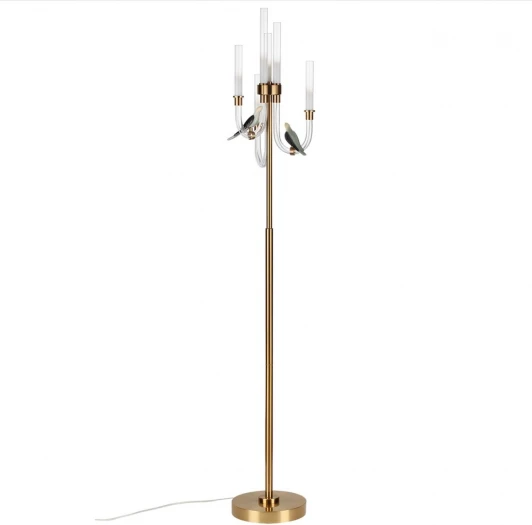 5431/12FL Торшер Odeon Light Lark 5431/12FL золотой(под латунь)/белый градиент/беж./зеленый/ металл/стекло/керамика LED 12W 4000K (220V, выключатель, птички)