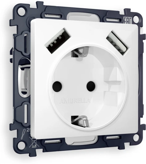 MA109010 Комплект механизма Ambrella Volt электрической розетки ALFA MA109010 Белый глянец 2USB A+A 18W быстрая зарядка с заземлением и шторками 2P+E 16A-250V QUANT