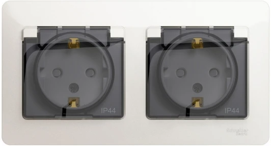 GSL000647 Розетка встраиваемая двойная с заземлением, шторками и крышкой (перламутровый) IP44 Systeme Electric Glossa GSL000647