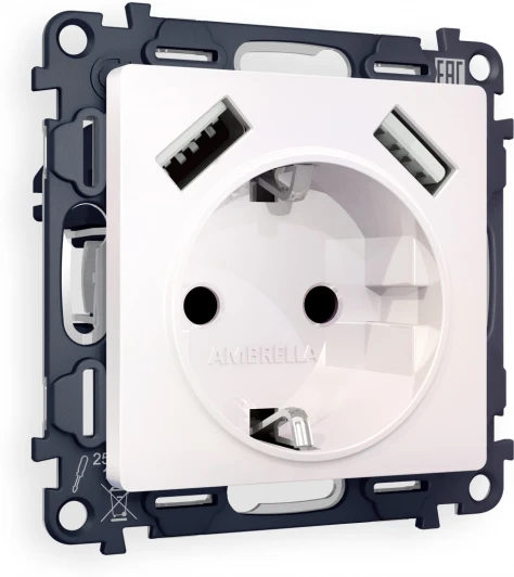 MA209010 Комплект механизма Ambrella Volt электрической розетки ALFA MA209010 Жемчуг 2USB A+A 18W быстрая зарядка с заземлением и шторками 2P+E 16A-250V QUANT