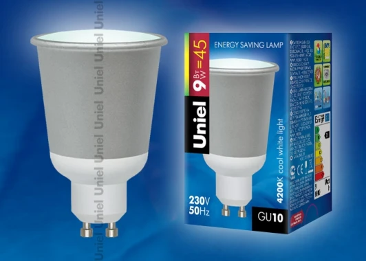 ESL-JCDR FR-9/4200/GU10 картон Лампочка энергосберегающая конус серая GU10 9W 4200K Uniel ESL-JCDR FR-9/4200/GU10