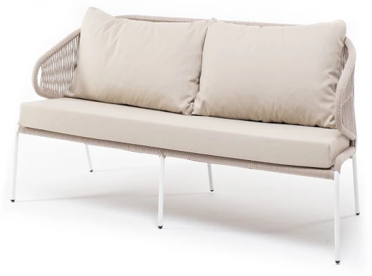 MIL-S-2-001 W Mua beige(beige052) "Милан" диван 2-местный плетеный из роупа, каркас алюминий белый муар, роуп бежевый круглый, ткань бежевая 052 4SIS арт.УТ-00008597