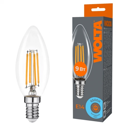 WF-C35-9W6KE14 Светодиодная лампа FILAMENT 9Вт 6500K Е14 Wolta WF-C35-9W6KE14