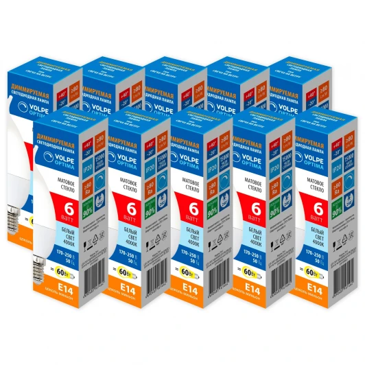 LED-CW37-6W/4000K/E14/FR/DIM/SLS Набор из 10штук Лампа светодиодная диммируемая Volpe Optima DIM LED-CW37-6W/4000K/E14/FR/DIM/SLS Набор из 10штук свеча на ветру матовая белый свет 4000K