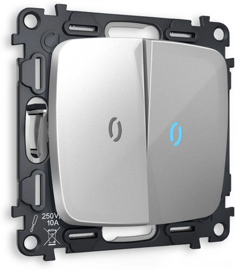 MO404040 Комплект механизма Ambrella Volt 2-клавишного проходного выключателя с подсветкой 10000K OMEGA MO404040 Серебро глянец QUANT