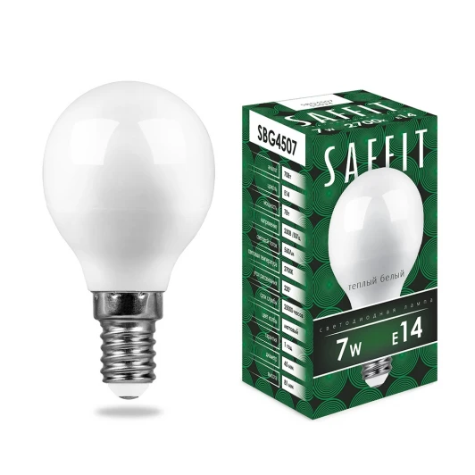 55034 Лампочка светодиодная шар белая колба E14 7 Вт 2700K теплое белое свечение Feron 55034