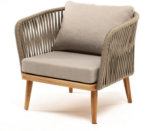 MAL-A-T002 S-G-brown(beige052) "Мальорка" кресло плетеное из роупа, основание дуб, роуп серо-коричневый 23мм, ткань бежевая 052 4SIS арт.УТ-00007641