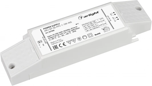 027585 Блок питания ARJ-SP-50-PFC-1-10V-INS (50W, 900-1200mA) (Arlight, IP20 Пластик, 5 лет) 027585