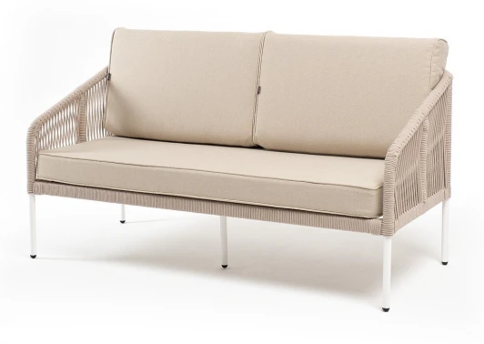 KAN-S-2-001 W Mua beige(beige052) "Канны" диван 2-местный плетеный из роупа, каркас алюминий белый муар, роуп бежевый круглый, ткань бежевая 052 4SIS арт.УТ-00007815