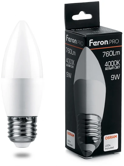 38063 Лампочка светодиодная белая свеча E27 9W Feron 38063