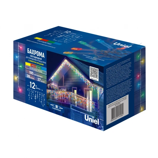 ULD-B12006-195/TTK MULTI IP44 Бахрома светодиодная с эффектом мерцания, 12м. соединяемая, 195 светодиодов, разноцветный свет Uniel ULD-B12006-195/TTK MULTI IP44
