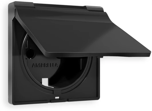 AP8080 Лицевая панель Ambrella Volt ALFA (Черный матовый) для электрической розетки с заземлением со шторками и крышкой IP44 QUANT AP8080