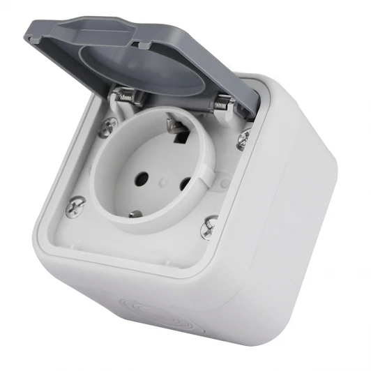 DIP18840 Розетка 1-я с защитной крышкой, 2К+З и шторками, накладная, цвет серый IP55 Donel W55 DIP18840