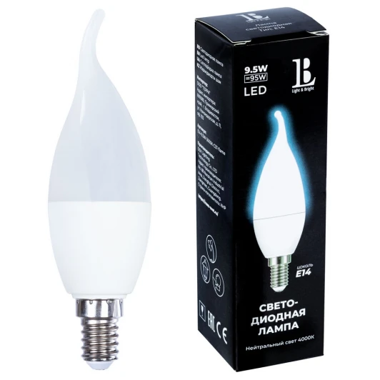 E14-9,5W-4000К-C37-flame_lb Лампочка светодиодная свеча на ветру белая E14 9,5W 220V 950 lm 4000K холодный белый свет L&B E14-9,5W-4000К-C37-flame_lb