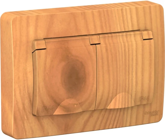 BLNRS441125 Розетка встраиваемая двойная с заземлением, шторками и крышкой (ясень) IP44 Systeme Electric Blanca BLNRS441125