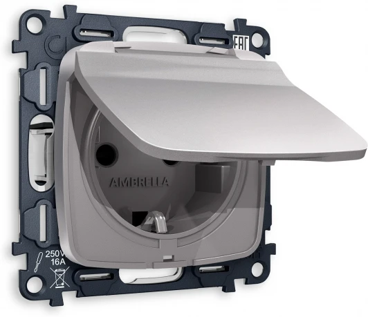 MO508010 Комплект механизма Ambrella Volt электрической розетки OMEGA MO508010 Сталь матовый с заземлением с шторками и защитной крышкой 2P+E 16A-250V IP44 QUANT