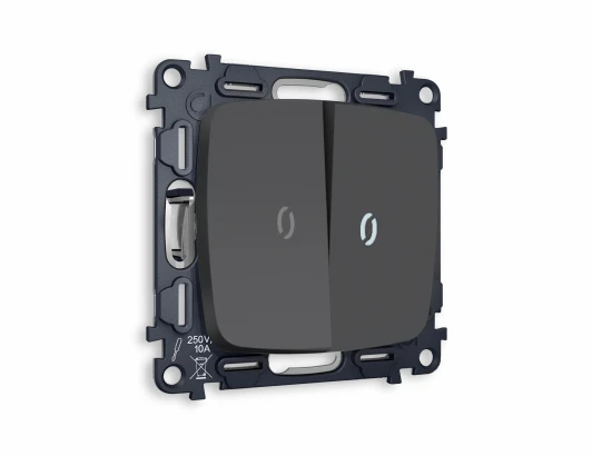 MO904035 Комплект механизма Ambrella Volt 2-клавишного проходного выключателя с подсветкой 5600K OMEGA MO904035 Графит мягкое касание QUANT