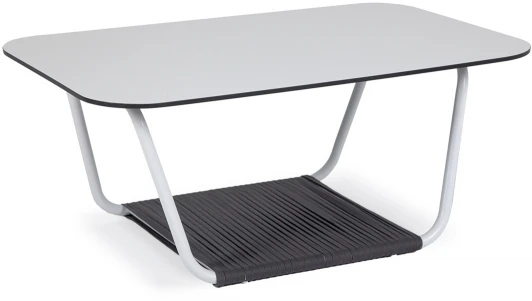 WHITE-90-60-Al-GRA(RAL9016MUA)-4sis D-grey "Гранада" журнальный стол 90х60см из HPL, цвет "молочный", каркас белый муар, роуп темно-серый круглый 4SIS арт.УТ-00010096
