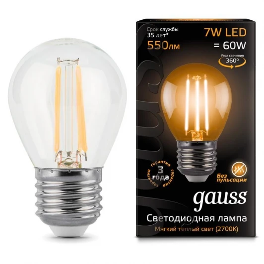 105802107 Лампочка светодиодная E27 7 Вт 550 lm 2700K теплое желтое свечение Gauss Filament 105802107