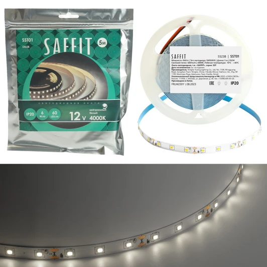 55238 Лента светодиодная Saffit SST01 55238 60SMD(2835)/m 6Вт/м 12V 5000*8*1.22мм 4000K, IP20
