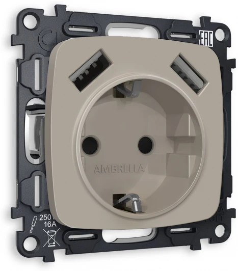 MO369010 Комплект механизма Ambrella Volt электрической розетки OMEGA MO369010 Серо-бежевый матовый 2USB A+A18W быстрая зарядка с заземлением с шторками 2P+E 16A-250V QUANT