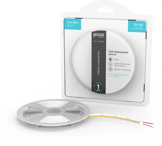 BT086 Светодиодная лента Gauss Basic BT086 LED 2835/240 12V 14,4W/m 1600lm/m 4000K 10mm IP20 5m