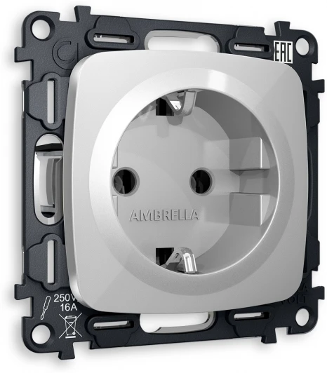 MO406010 Комплект механизма Ambrella Volt электрической розетки OMEGA MO406010 Серебро глянец с заземлением на винтовых зажимах 2P+E 16A-250V QUANT