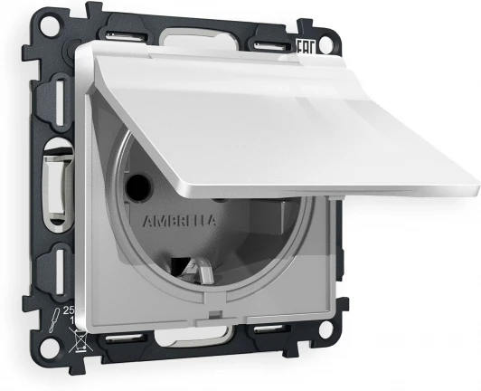 MA408010 Комплект механизма Ambrella Volt электрической розетки ALFA MA408010 Серебро глянец с заземлением с шторками и защитной крышкой 2P+E 16A-250V IP44 QUANT