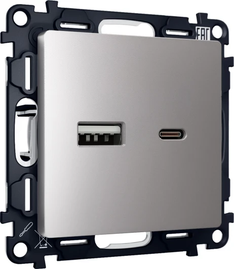 MA511010 Комплект механизма Ambrella Volt розетки ALFA MA511010 Сталь матовый 2USB A+C 20W быстрая зарядка QUANT