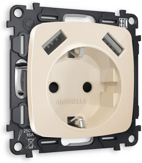 MO309010 Комплект механизма Ambrella Volt электрической розетки OMEGA MO309010 Бежевый глянец 2USB A+A 18W быстрая зарядка с заземлением и шторками 2P+E 16A-250V QUANT