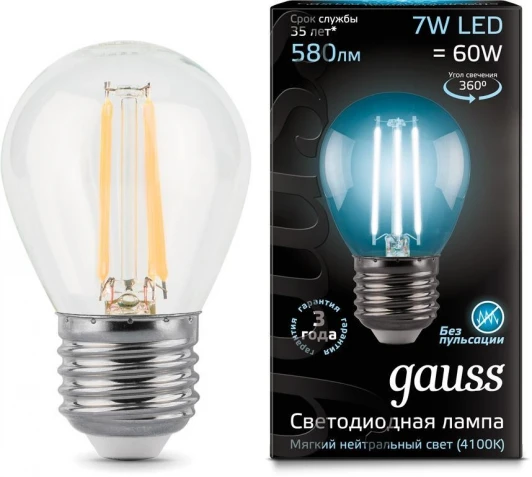 105802207 Лампочка светодиодная E27 7 Вт 580 lm 4100K нейтральное белое свечение Gauss Filament 105802207