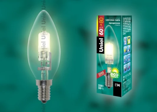 HCL-60/CL/E14 candle Лампочка галогенная свеча прозрачная E14 60W Uniel HCL-60/CL/E14 candle