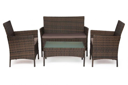 11945 Лаундж сет (диван+2кресла+столик+подушки) (mod. 210013 А) темно-коричневый, ткань DB-18 серый (пластиковый ротанг)