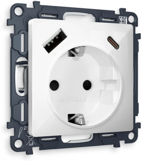MA110010 Комплект механизма Ambrella Volt электрической розетки ALFA MA110010 Белый глянец 2USB A+C 20W быстрая зарядка с заземлением и шторками 2P+E 16A-250V QUANT