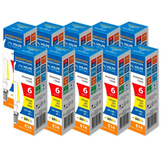 LED-CW35-6W/3000K/E14/CL/DIM/SLF Набор из 10штук Лампа светодиодная диммируемая свеча на ветру Volpe Optima DIM Филамент DIM LED-CW35-6W/3000K/E14/CL/DIM/SLF Набор из 10штук прозрачная теплый белый свет 3000K