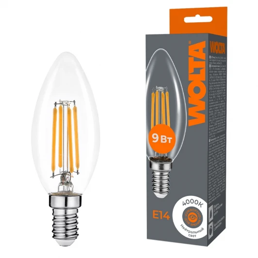 WF-C35-9W4KE14 Светодиодная лампа FILAMENT 9Вт 4000K Е14 Wolta WF-C35-9W4KE14