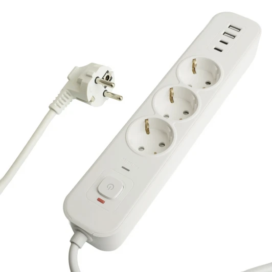 50100 Сетевой фильтр 3-х местный с заземлением 2хUSB Type-A + 2хUSB Type-С 3 метра (белый) Stekker Nova 50100