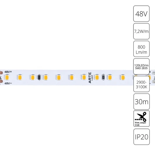 A4812010-03-3K Светодиодная лента 48V 7,2W/m 3000К 30м Arte Lamp Tape A4812010-03-3K