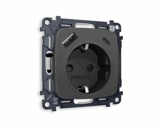 MO910010 Комплект механизма Ambrella Volt электрической розетки OMEGA MO910010 Графит мягкое касание 2USB A+C 20W быстрая зарядка с заземлением и шторками 2P+E 16A-250 QUANT
