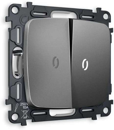 MO654035 Комплект механизма Ambrella Volt 2-клавишного проходного выключателя с подсветкой 5600K OMEGA MO654035 Антрацит серый QUANT