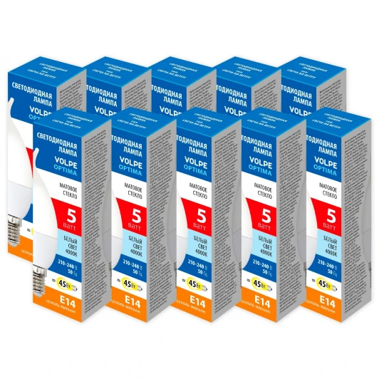 LED-CW37-5W/4000K/E14/FR/SLS Набор из 10штук Лампа светодиодная Volpe Optima LED-CW37-5W/4000K/E14/FR/SLS Набор из 10штук свеча на ветру матовая белый свет 4000K