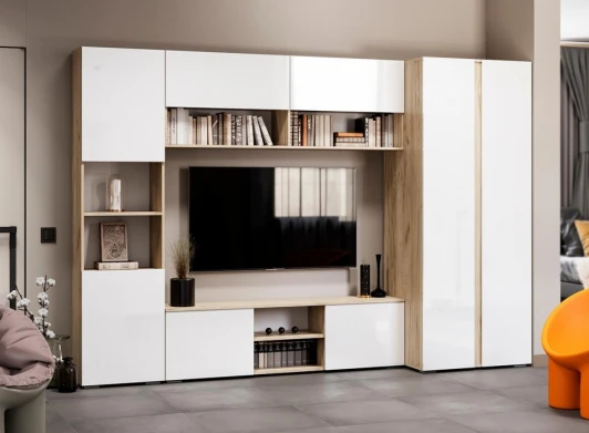 580877 Модульная гостиная Алетра комплектация 1 (Алетра дуб крафт серый / глянец белый комплектация 1) Woodville арт.580877