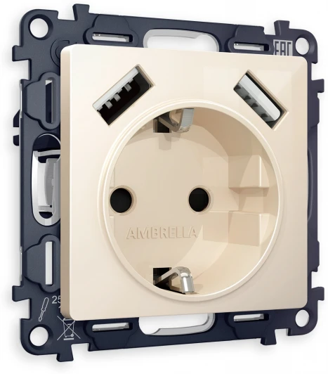 MA309010 Комплект механизма Ambrella Volt электрической розетки ALFA MA309010 Бежевый глянец 2USB A+A 18W быстрая зарядка с заземлением и шторками 2P+E 16A-250V QUANT