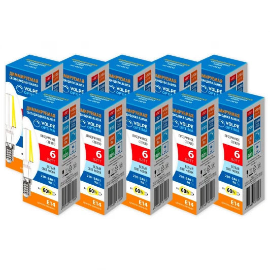LED-C35-6W/4000K/E14/CL/DIM/SLF Набор из 10штук Лампа светодиодная диммируемая Volpe Optima DIM Филамент LED-C35-6W/4000K/E14/CL/DIM/SLF Набор из 10штук свеча прозрачная белый свет 4000K