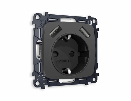 MO909010 Комплект механизма Ambrella Volt электрической розетки OMEGA MO909010 Графит мягкое касание 2USB A+A 18W быстрая зарядка с заземлением и шторками 2P+E 16A-250 QUANT