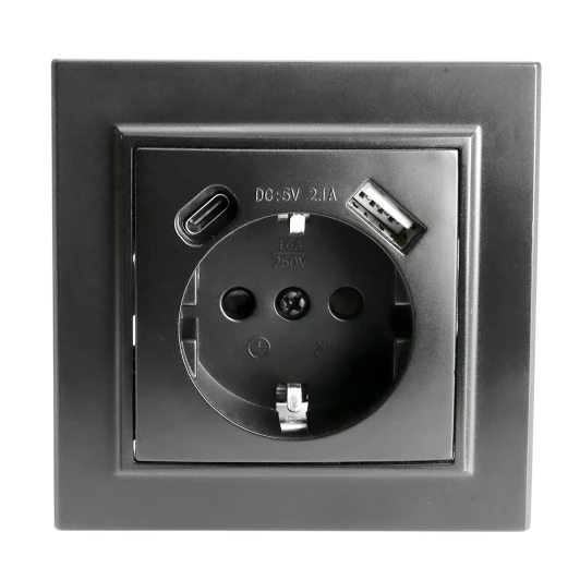50078 Розетка с заземлением и USB Type A+С (черный) Stekker Эрна 50078