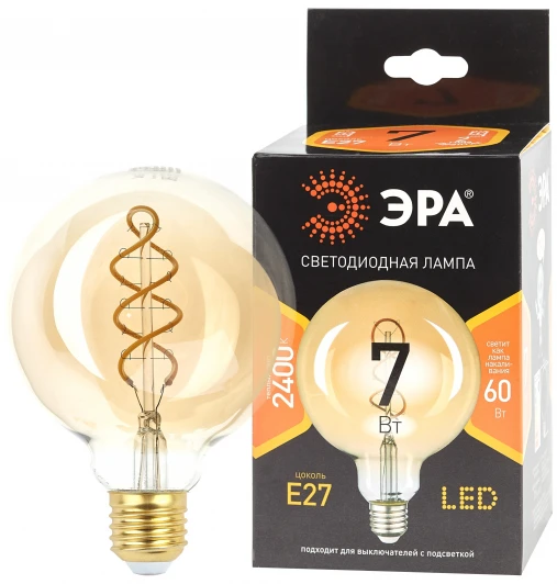 F-LED G95-7W-824-E27 spiral gold Лампочка светодиодная филаментная E27 7W ЭРА F-LED G95-7W-824-E27 spiral gold